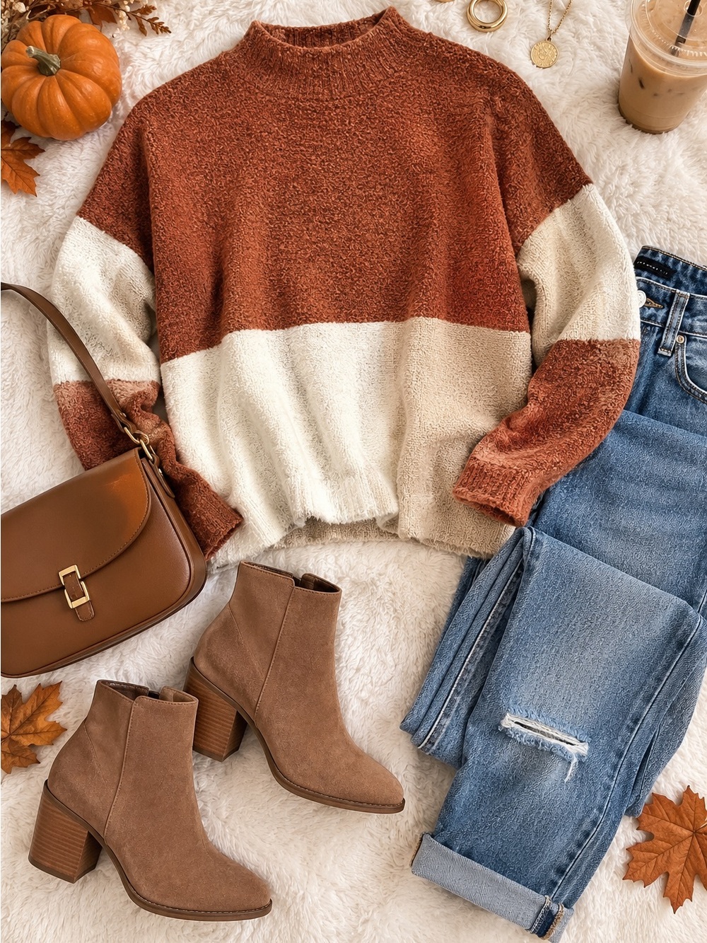 Womens color block mock neck tan Rust & Cream Cozy Sweater pink lily small